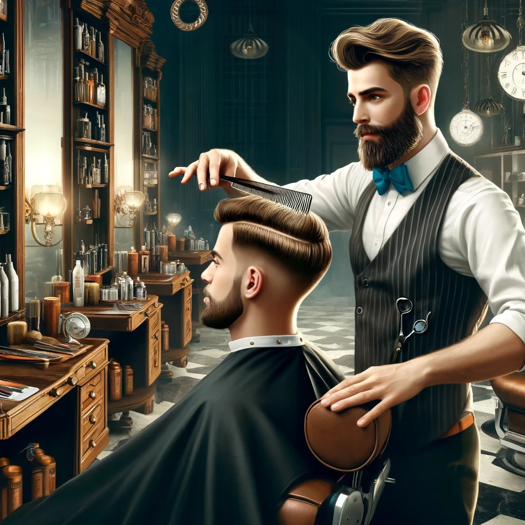 DALL·E 2024-04-07 18.43.06 - Imagine the perfect Facebook page image promoting a barber course. In the center, a skilled barber in a stylish apron performs a flawless haircut on a
